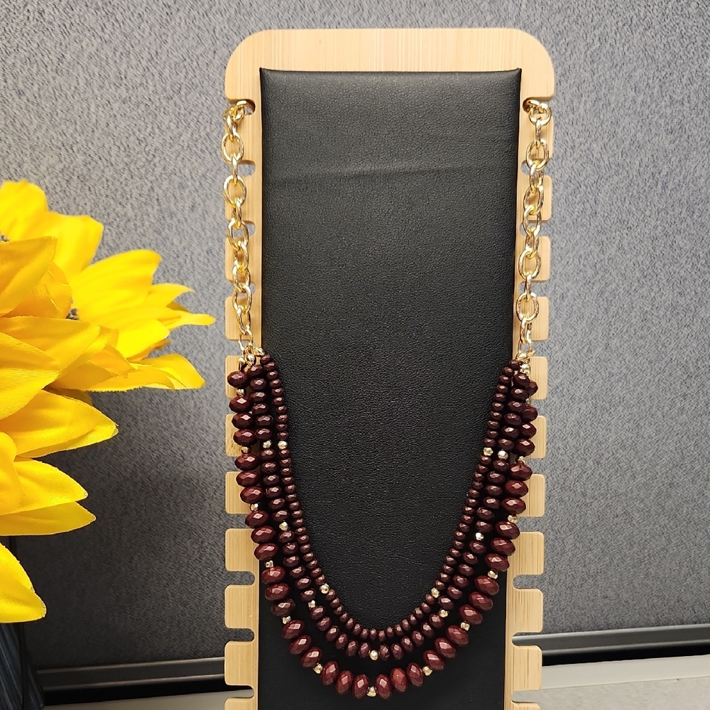 Maurices Gold Tone Deep Burgundy Beaded Necklace NWT